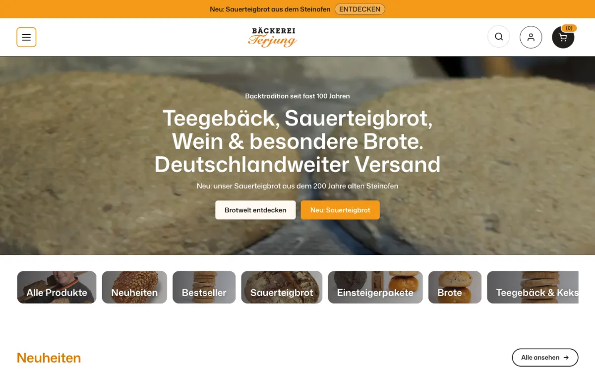 Startseite von terjung.shop, Online-Shop der Bäckerei Terjung